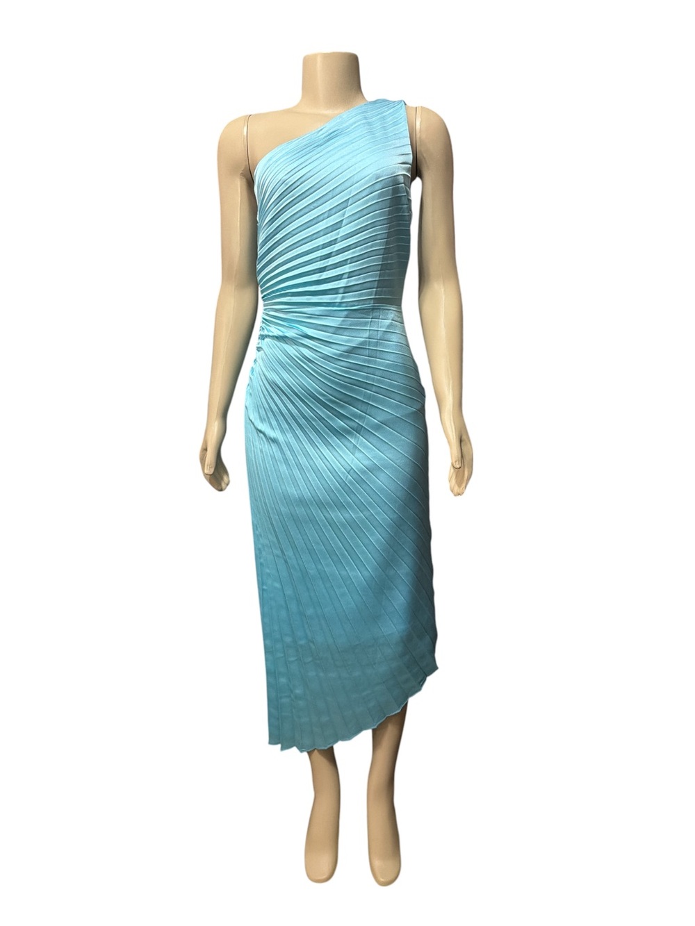 NWT Badgley Mischka Sz 6 Kelsey One-Shoulder Pleated Midi Dress Light Blue
